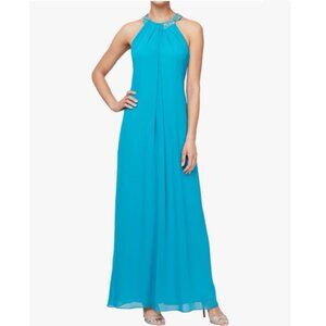 SLNY  Sleeveless Halter Neck Long Maxi Dress with Beaded Neckline
